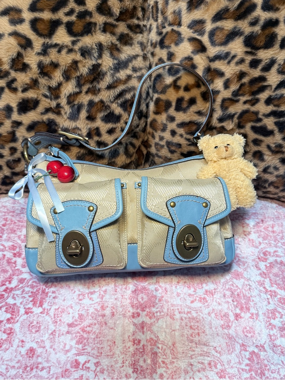 Coach Beige Signature Canvas Shoulder Bag with Light Blue Trim Legacy